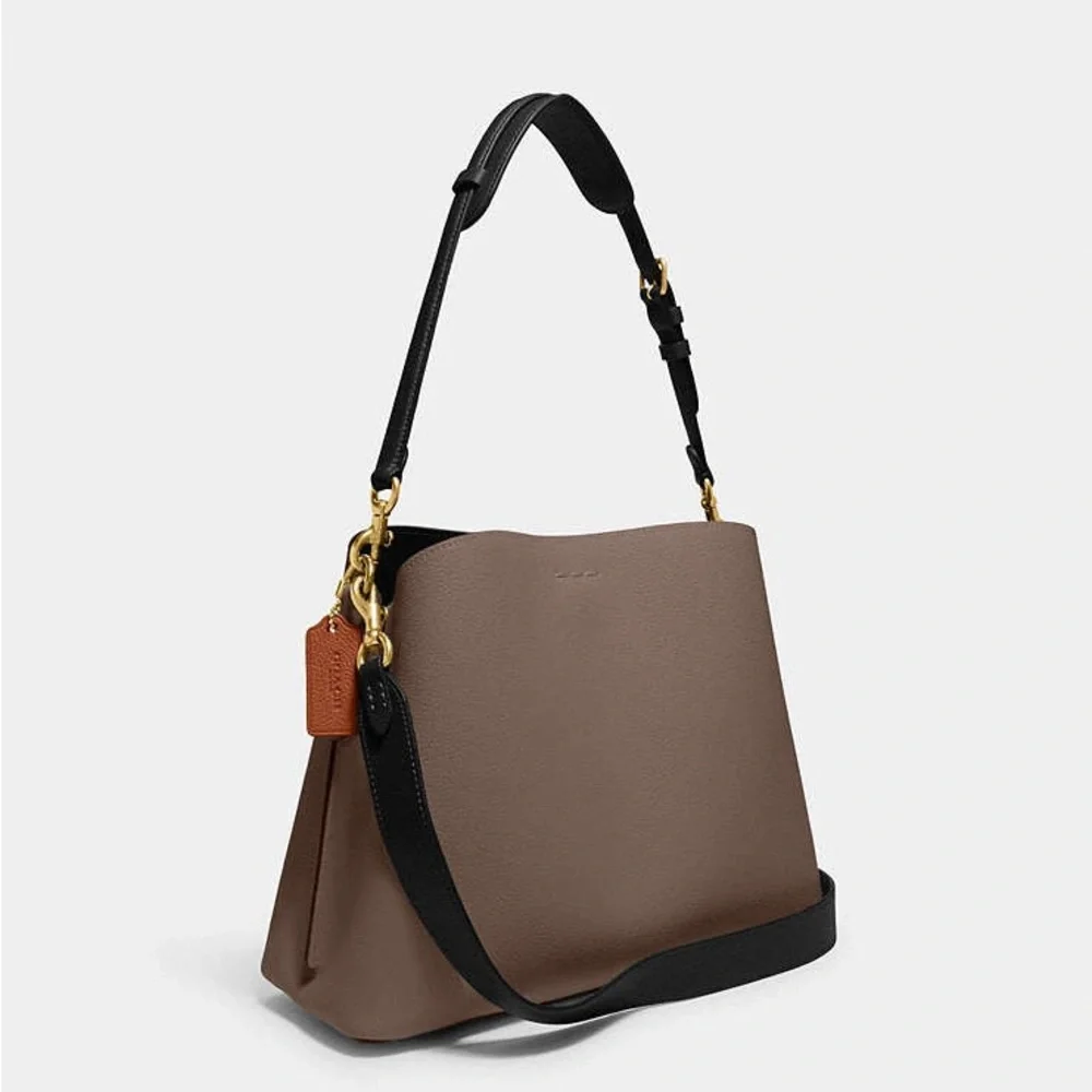 COACH•willow stone grey/black pebble leather bucket shoulder crossbody bag NWT - Picture 3 of 10